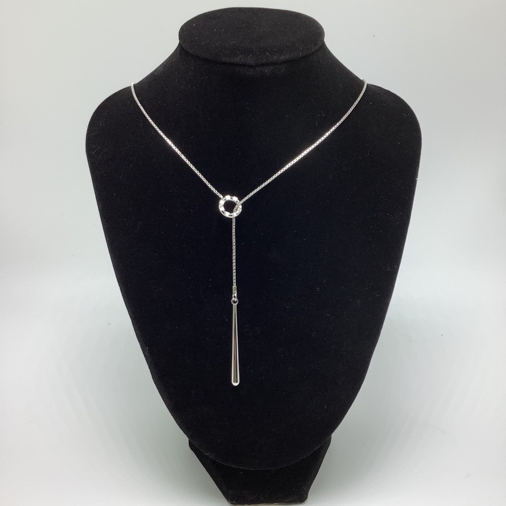 Silver Tone Lariat Necklace‎ w/ Circle and Bar Drop Pendant